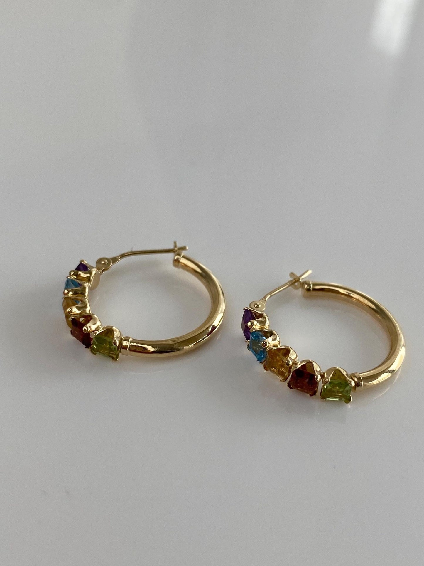 Vintage Solid 14k Yellow Gold Garnet Aquamarine Citrine Peridot Amethyst Hoop Earrings