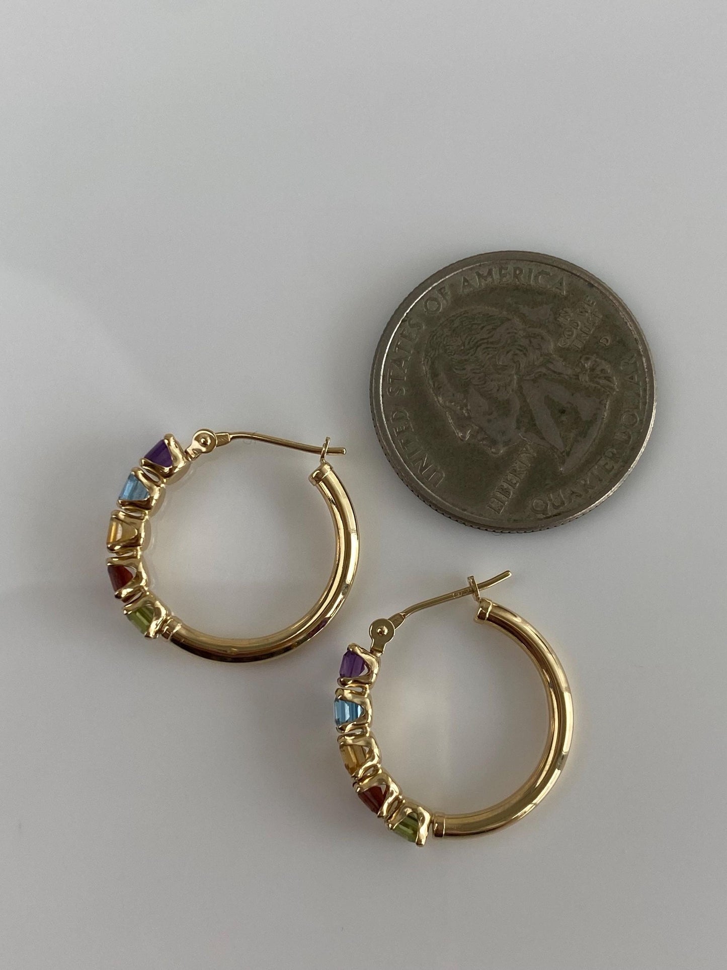 Vintage Solid 14k Yellow Gold Garnet Aquamarine Citrine Peridot Amethyst Hoop Earrings