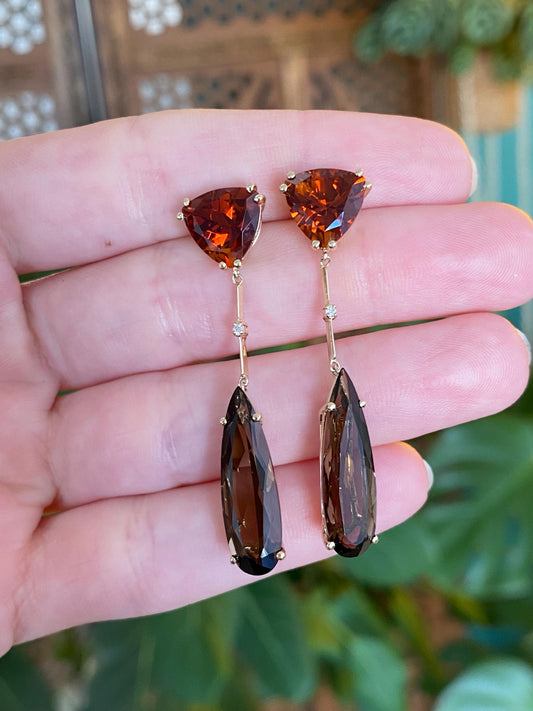 Vintage Solid 14k Yellow Gold Citrine Smokey Quartz Dangle Stud Earrings
