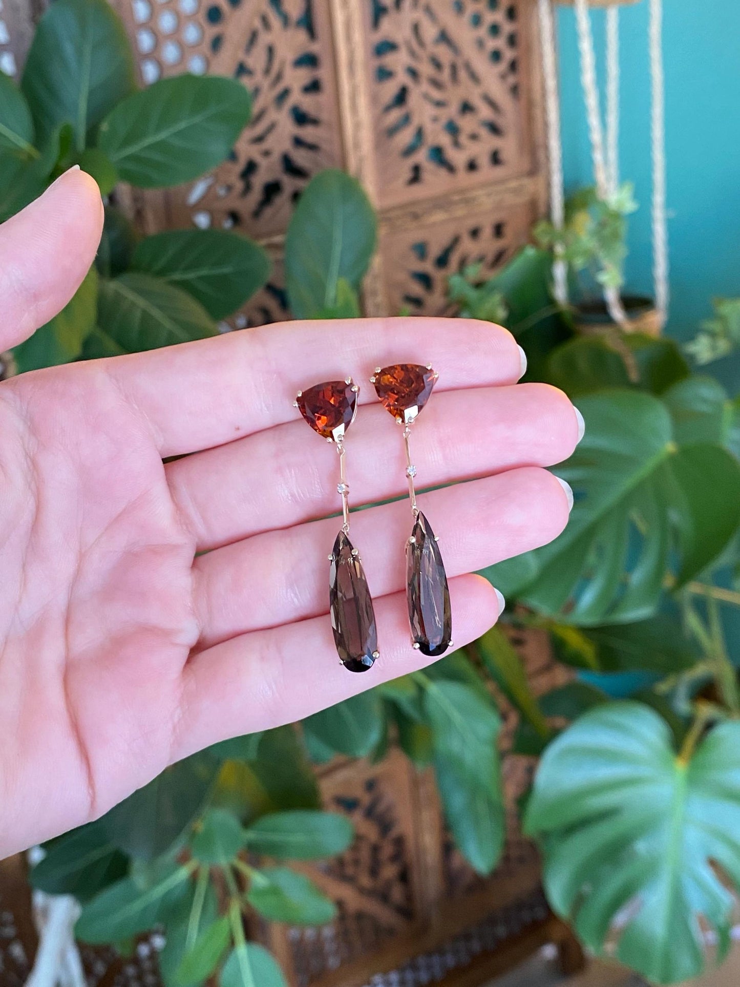 Vintage Solid 14k Yellow Gold Citrine Smokey Quartz Dangle Stud Earrings
