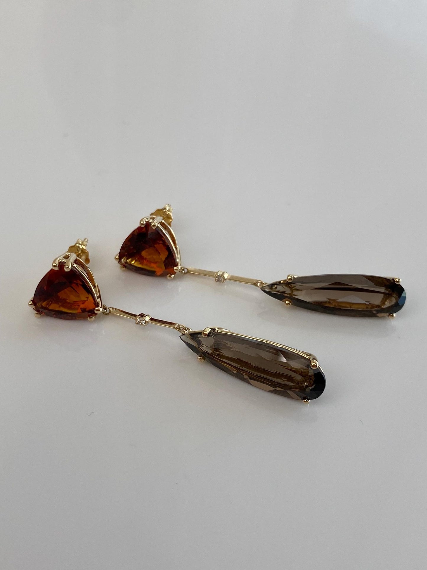 Vintage Solid 14k Yellow Gold Citrine Smokey Quartz Dangle Stud Earrings