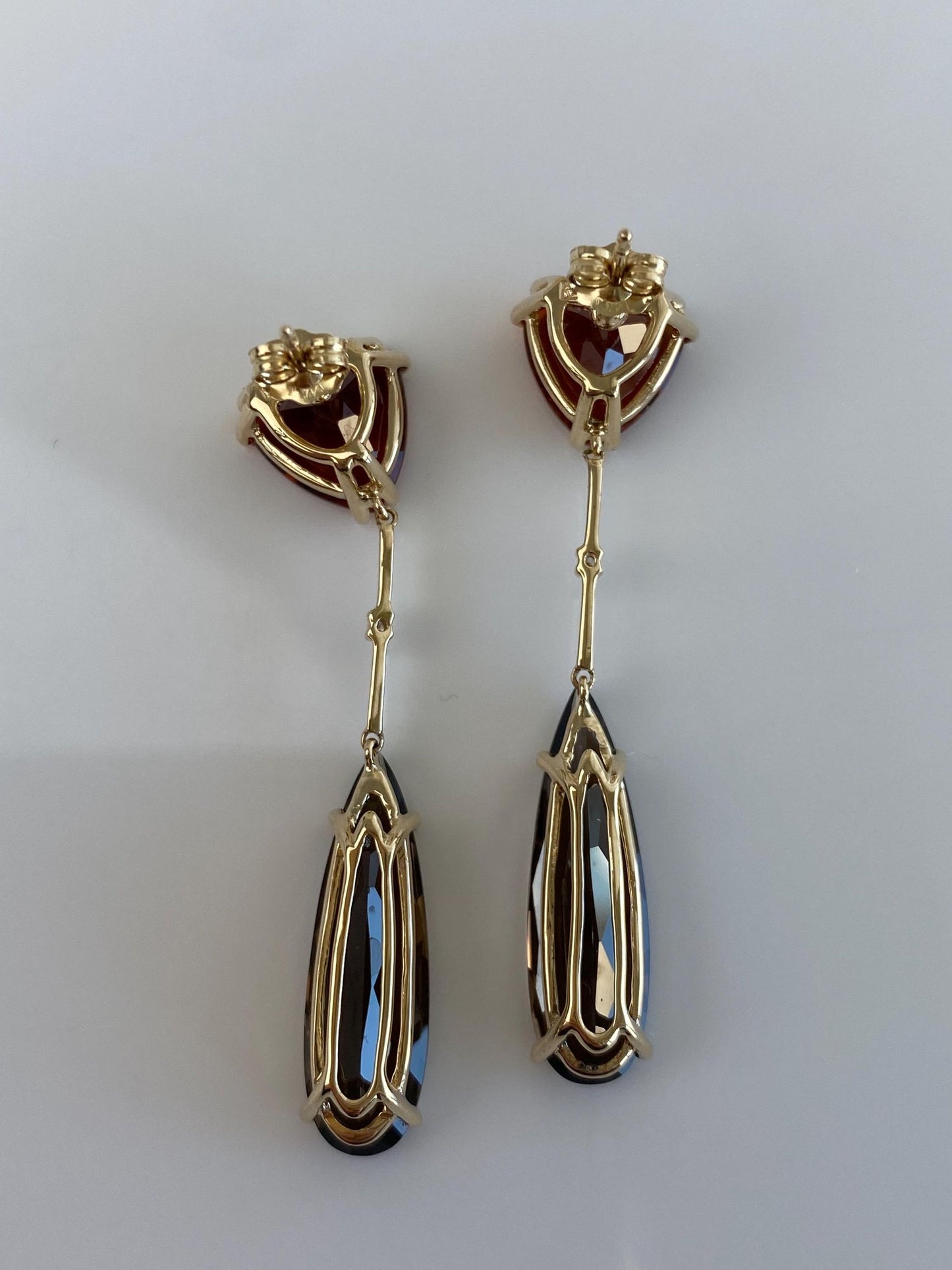 Vintage Solid 14k Yellow Gold Citrine Smokey Quartz Dangle Stud Earrings