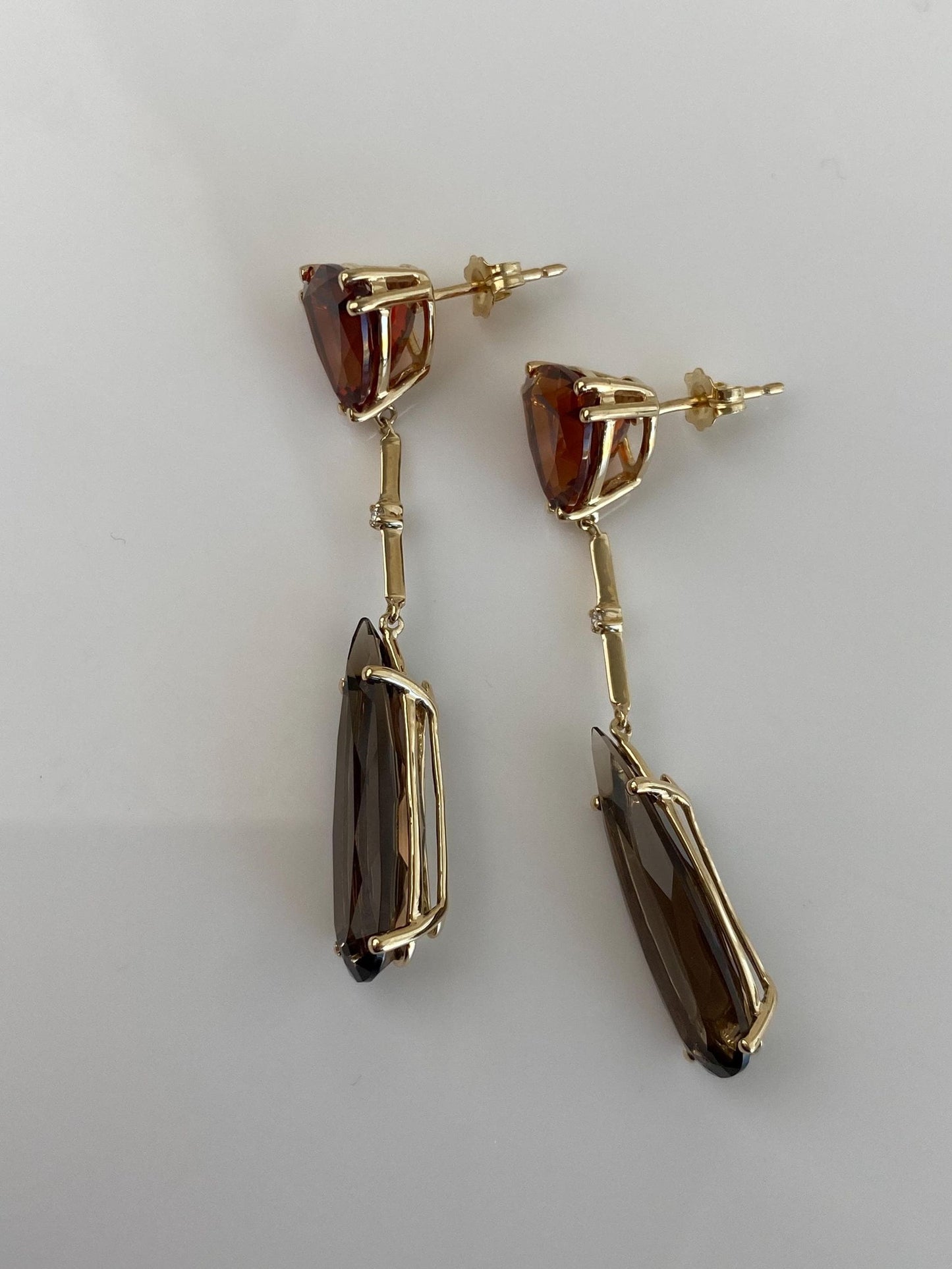 Vintage Solid 14k Yellow Gold Citrine Smokey Quartz Dangle Stud Earrings