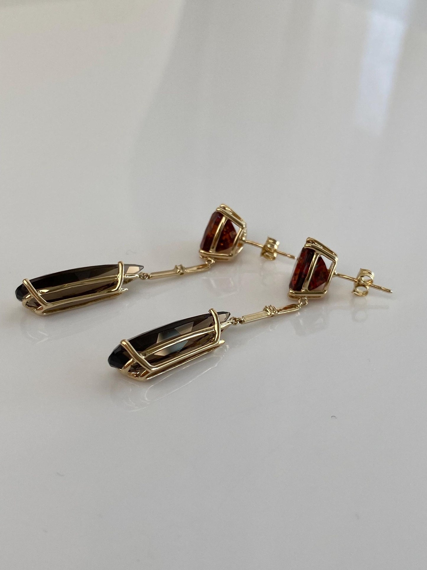 Vintage Solid 14k Yellow Gold Citrine Smokey Quartz Dangle Stud Earrings