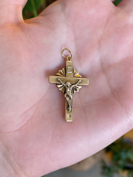 Vintage 10k White & Yellow Gold Crucifix Cross Charm