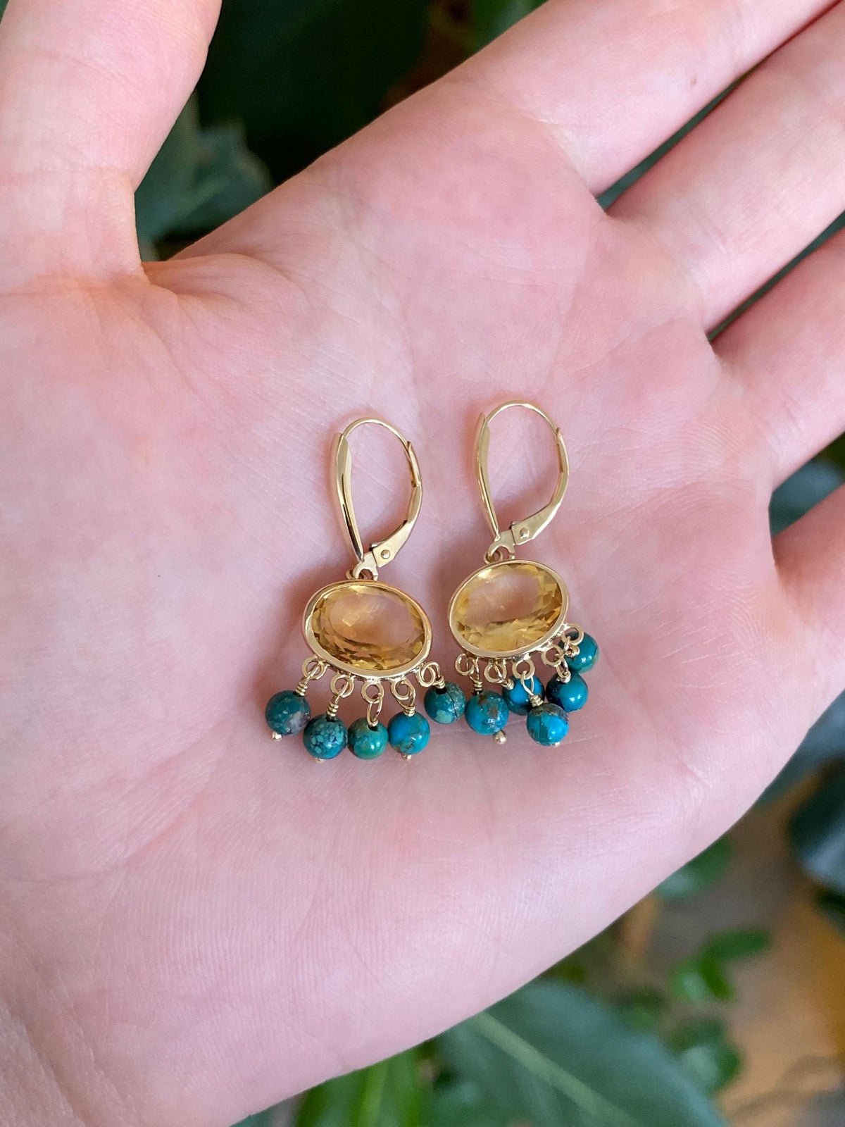 Vintage Solid 14k Yellow Gold Citrine Turquoise Fringe Dangle Earrings