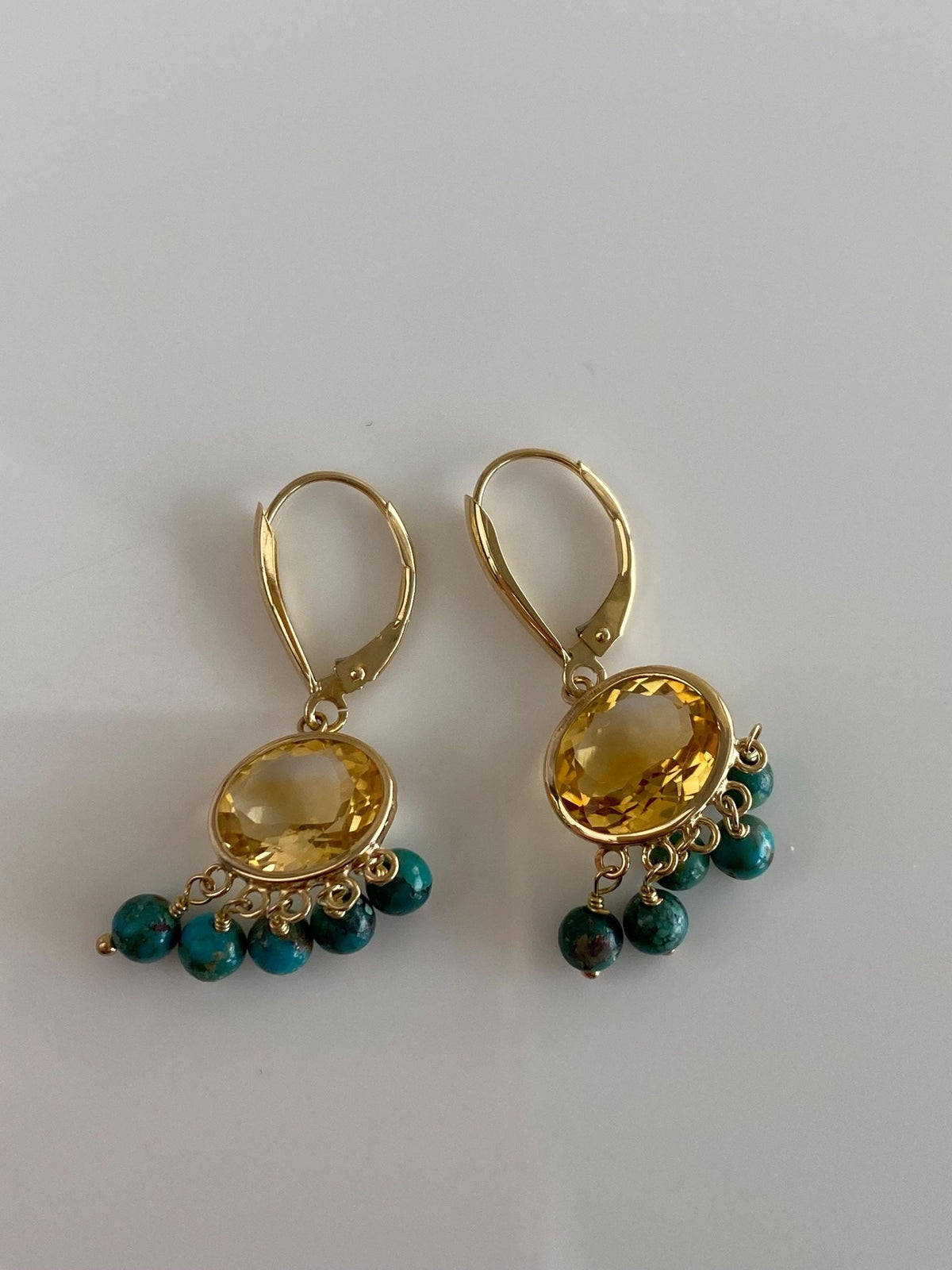 Vintage Solid 14k Yellow Gold Citrine Turquoise Fringe Dangle Earrings