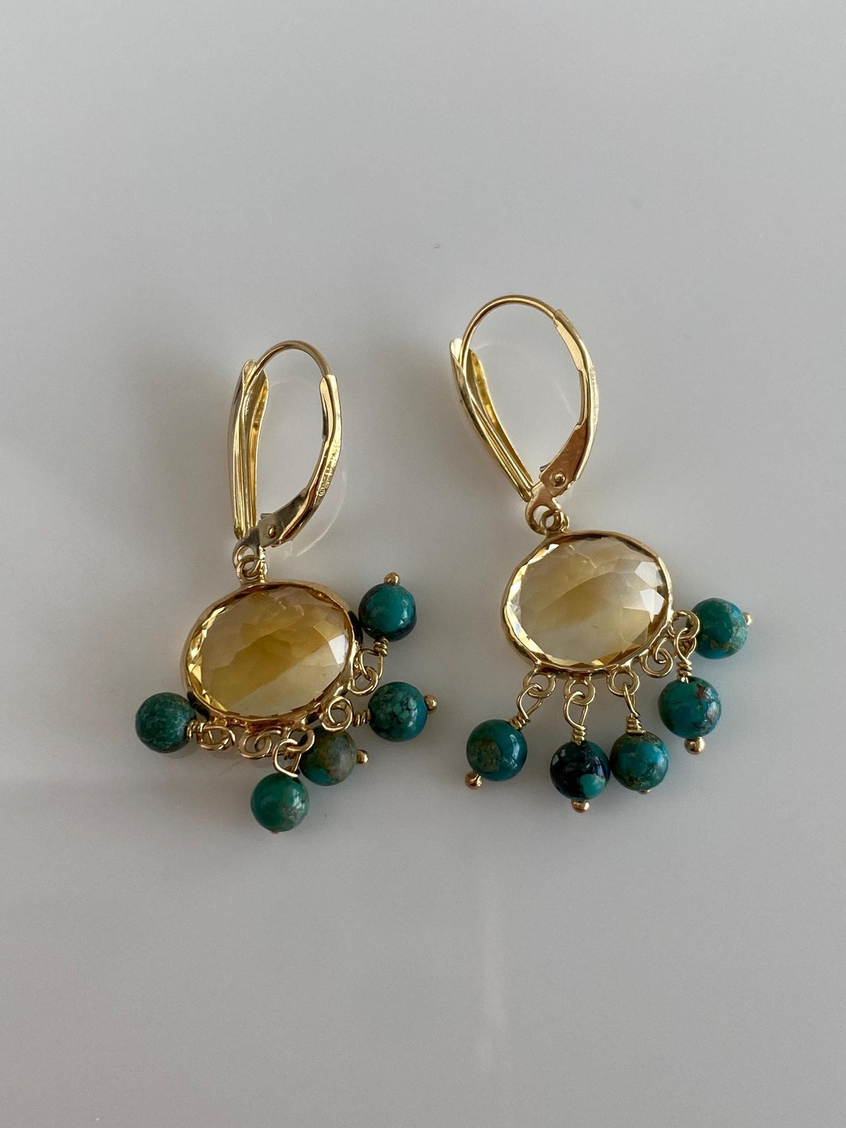Vintage Solid 14k Yellow Gold Citrine Turquoise Fringe Dangle Earrings