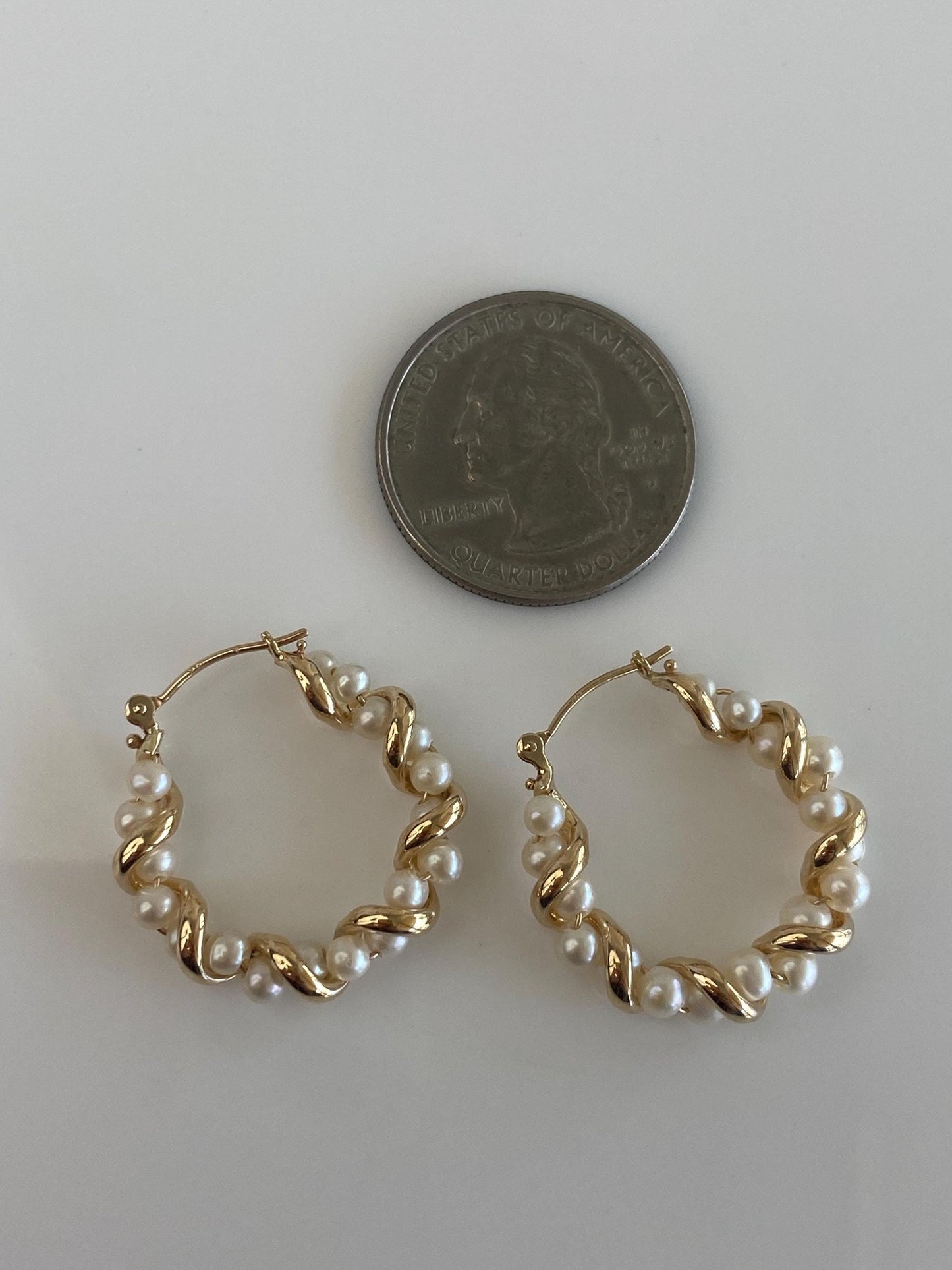 Vintage 14k Yellow Gold Pearl Hoop Stud Earrings