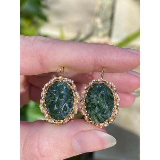 Vintage Solid 14k Yellow Gold Carved Nephrite Seed Pearl Drop Earrings