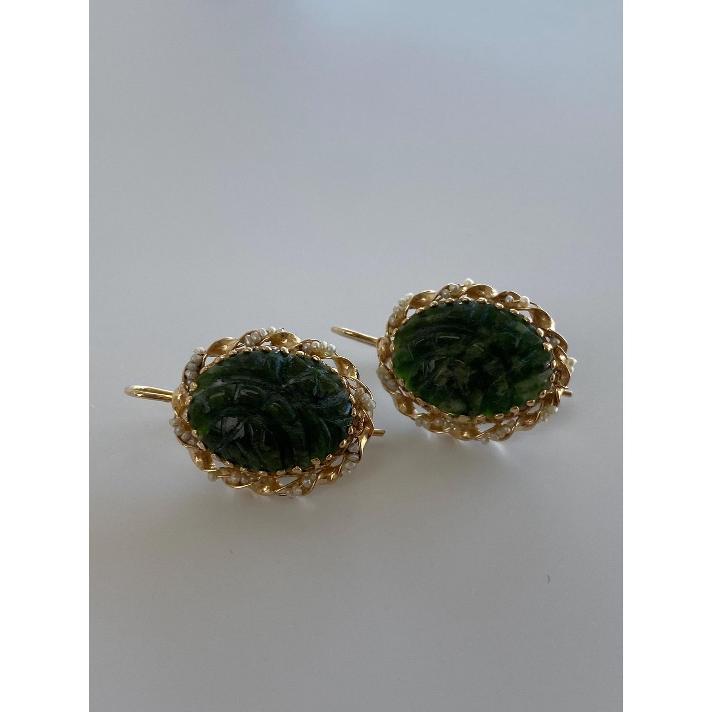 Vintage Solid 14k Yellow Gold Carved Nephrite Seed Pearl Drop Earrings