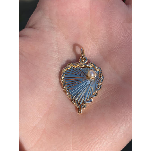 Vintage Solid 14k Yellow Gold Pearl Engine Turned Heart Charm