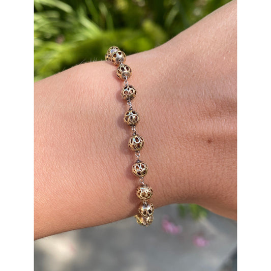 Vintage Solid 14k Yellow Gold Filigree Ball Link Bracelet - 7.25 Inches