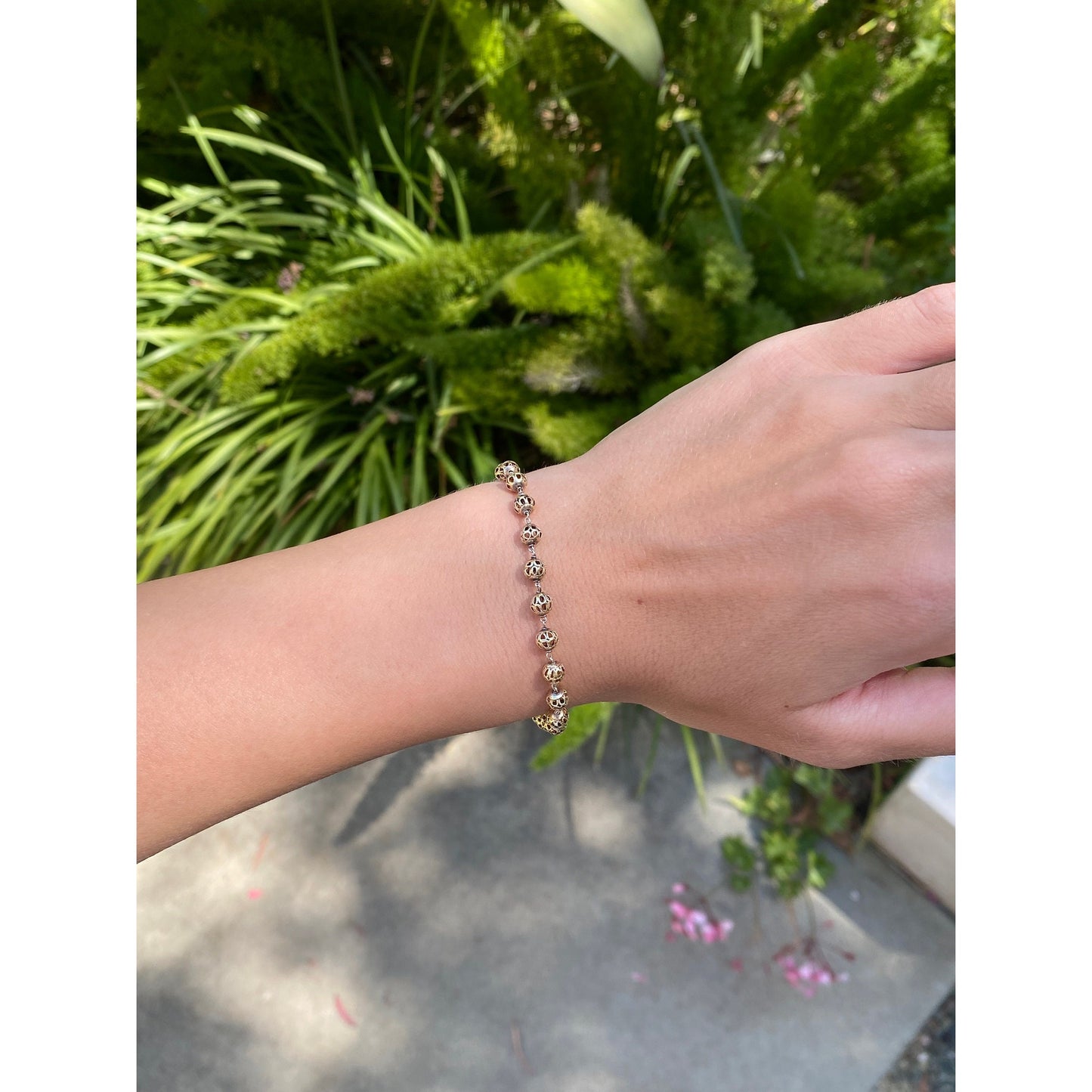 Vintage Solid 14k Yellow Gold Filigree Ball Link Bracelet - 7.25 Inches