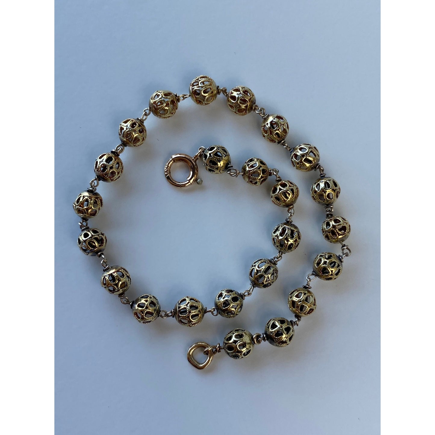 Vintage Solid 14k Yellow Gold Filigree Ball Link Bracelet - 7.25 Inches