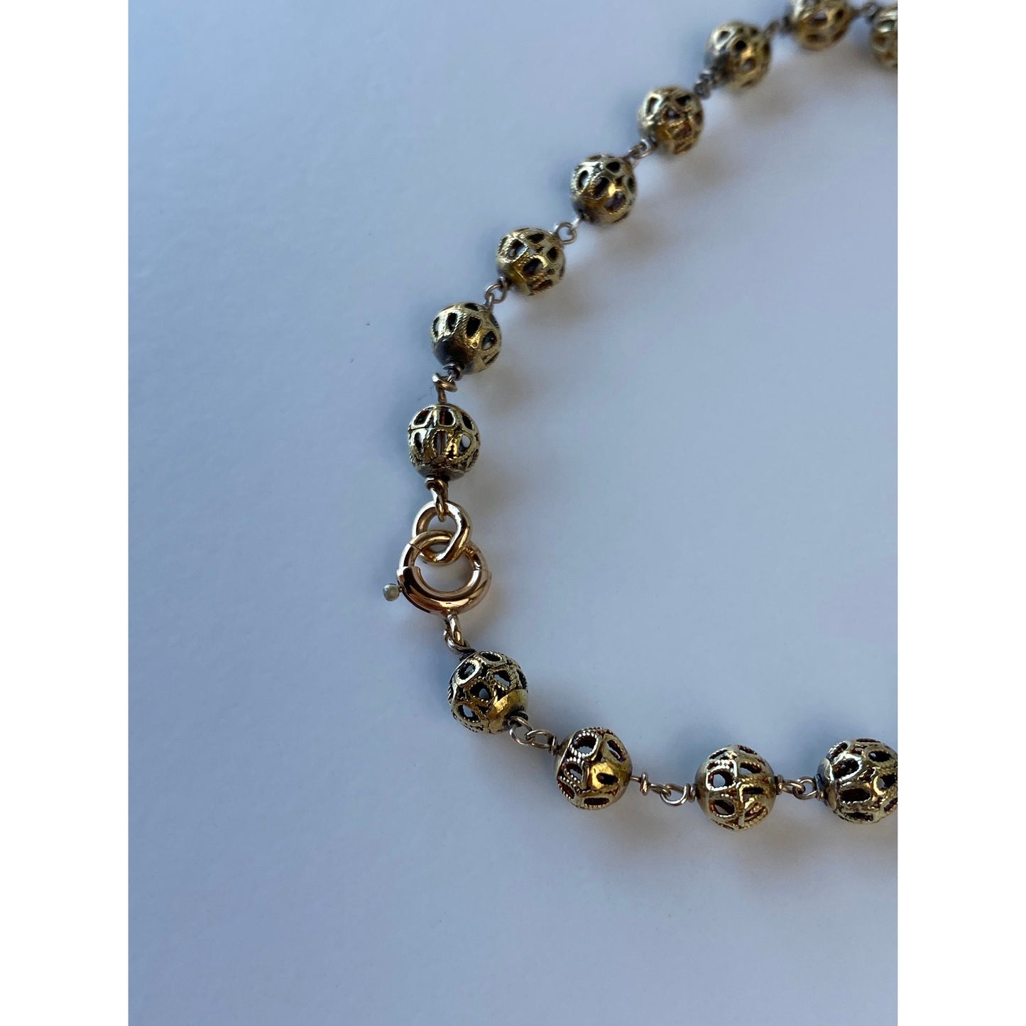 Vintage Solid 14k Yellow Gold Filigree Ball Link Bracelet - 7.25 Inches