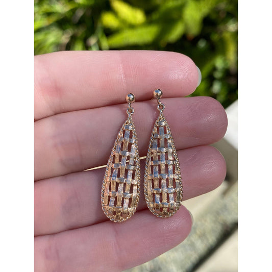 Solid 14k Yellow Gold Basketweave Dangle Stud Earrings - Fine Estate Jewelry - Real Genuine Gold
