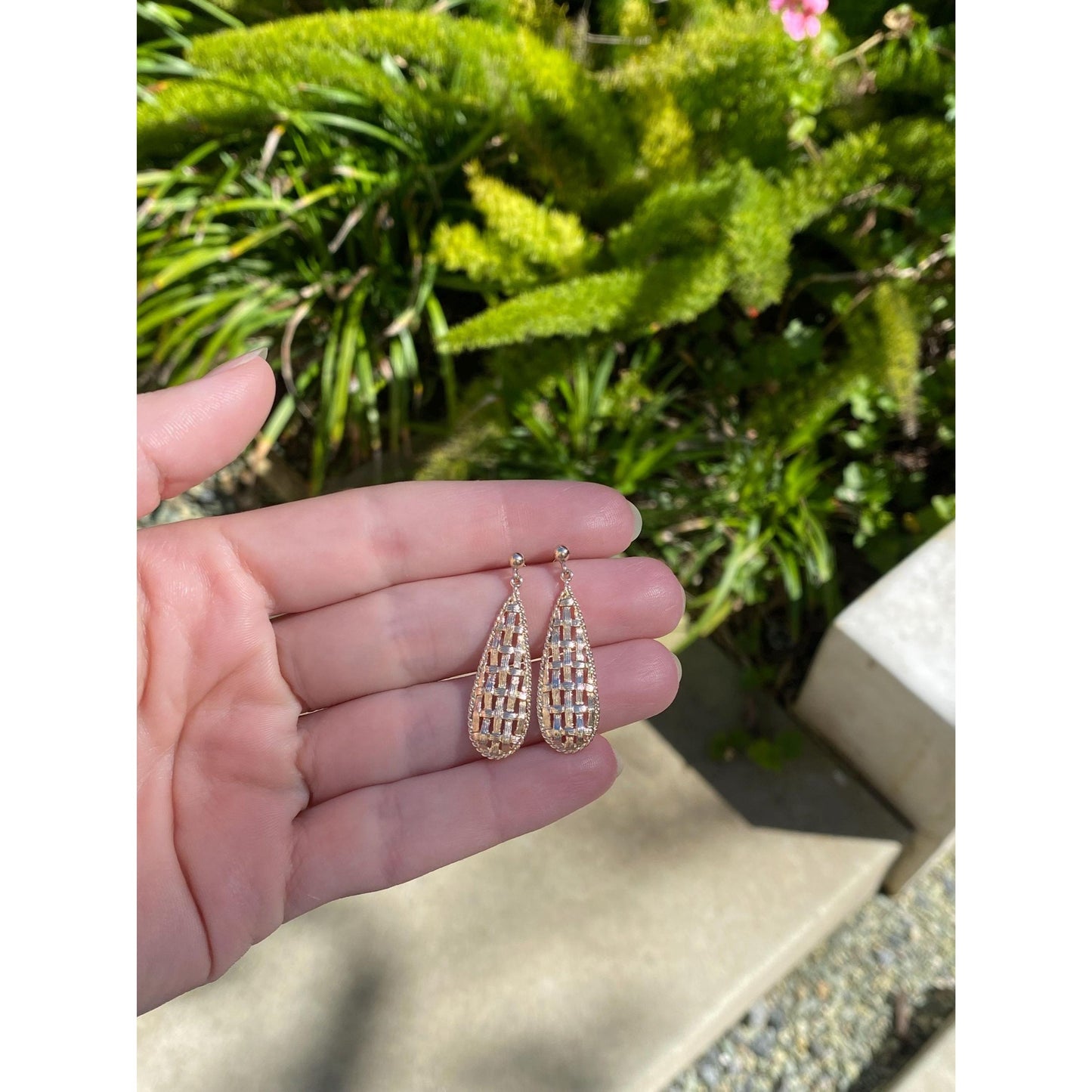 Solid 14k Yellow Gold Basketweave Dangle Stud Earrings - Fine Estate Jewelry - Real Genuine Gold