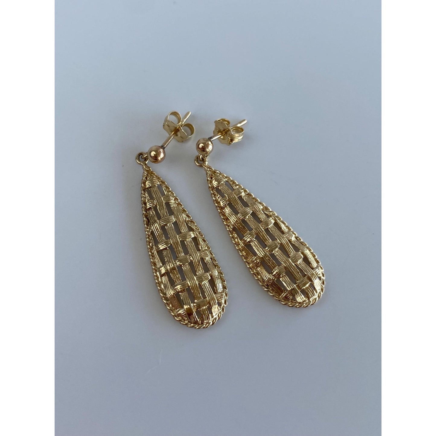 Solid 14k Yellow Gold Basketweave Dangle Stud Earrings - Fine Estate Jewelry - Real Genuine Gold