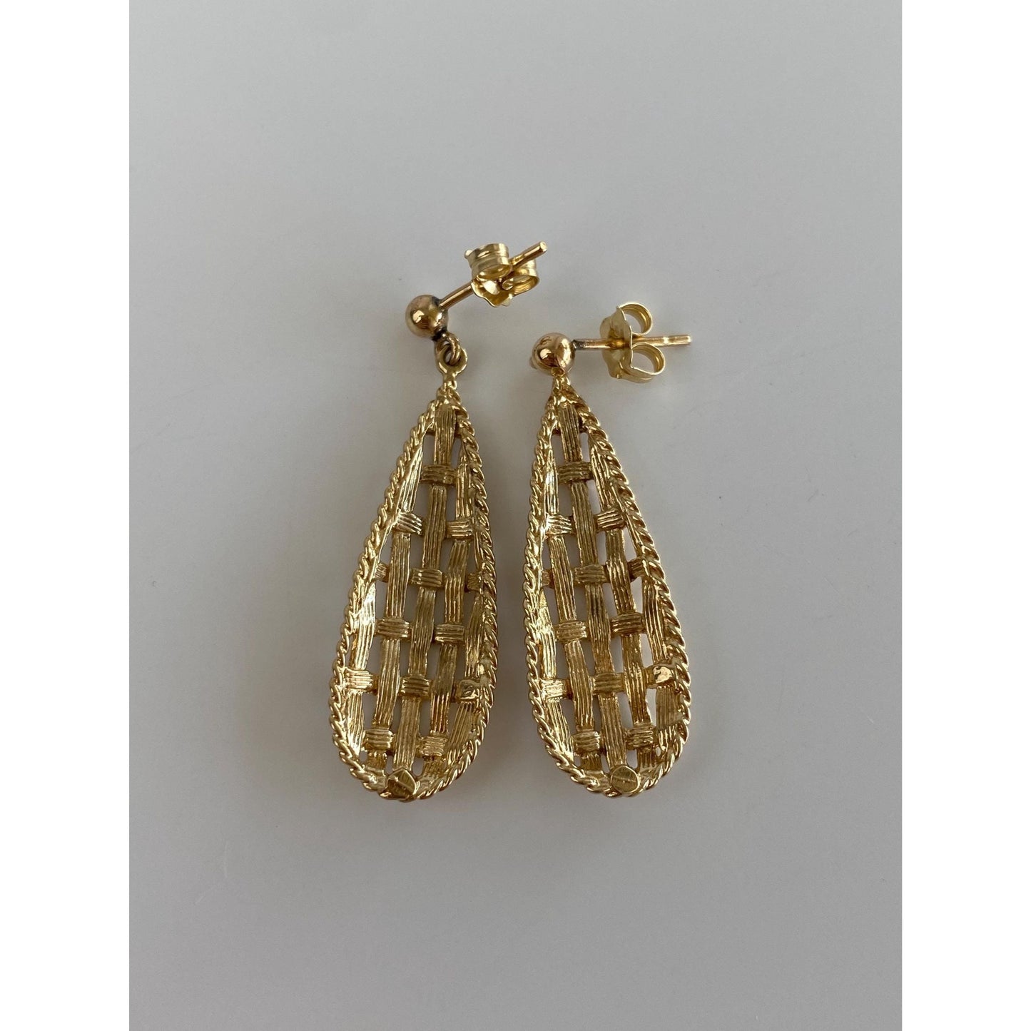 Solid 14k Yellow Gold Basketweave Dangle Stud Earrings - Fine Estate Jewelry - Real Genuine Gold