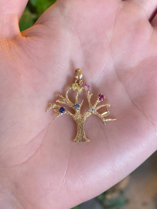 Vintage Solid 14k Yellow Gold Colored Sapphire Clear Quartz Topaz Tree Charm