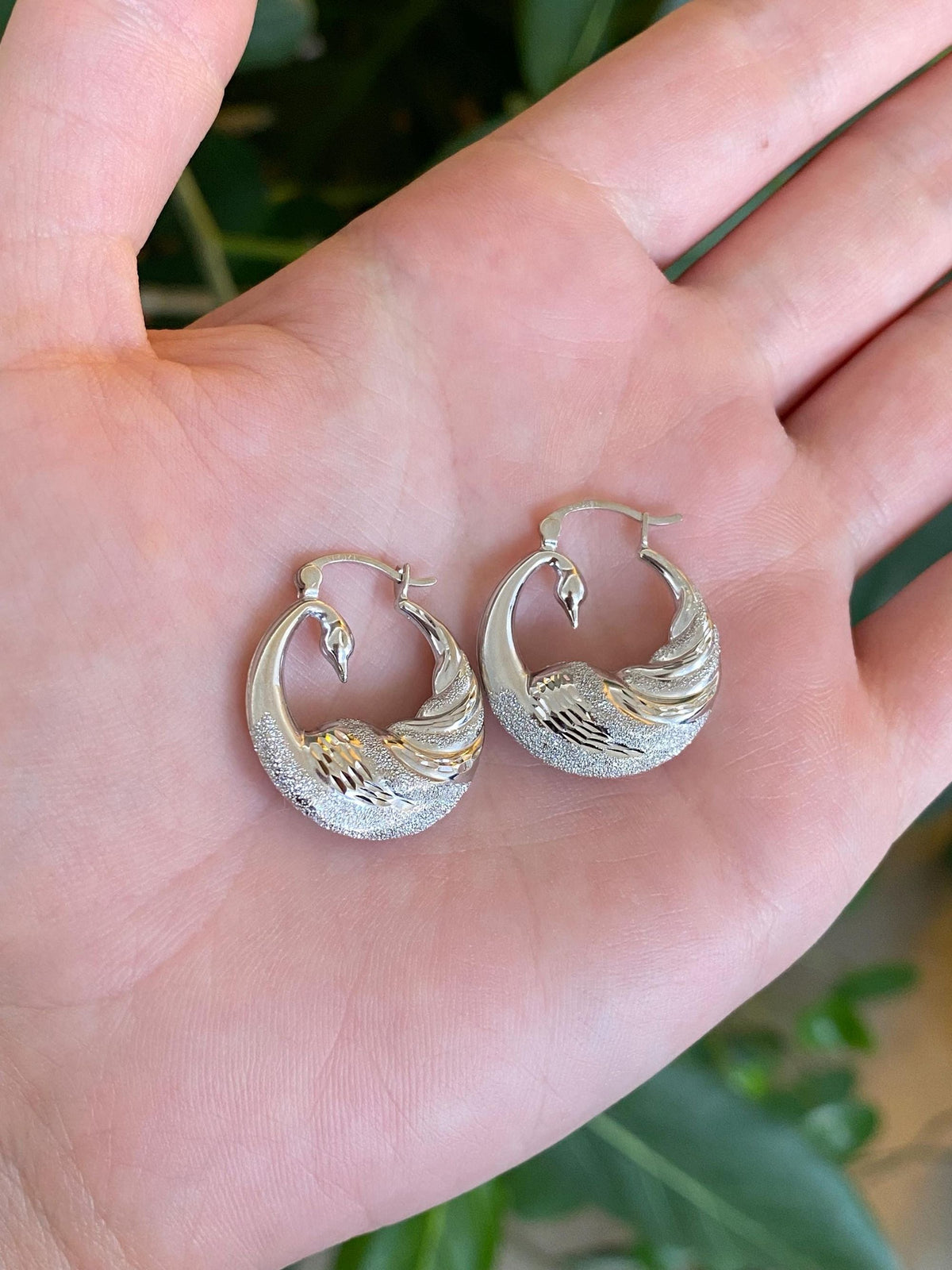 Vintage 14k White Gold Sparkly Swan Hoop Earrings