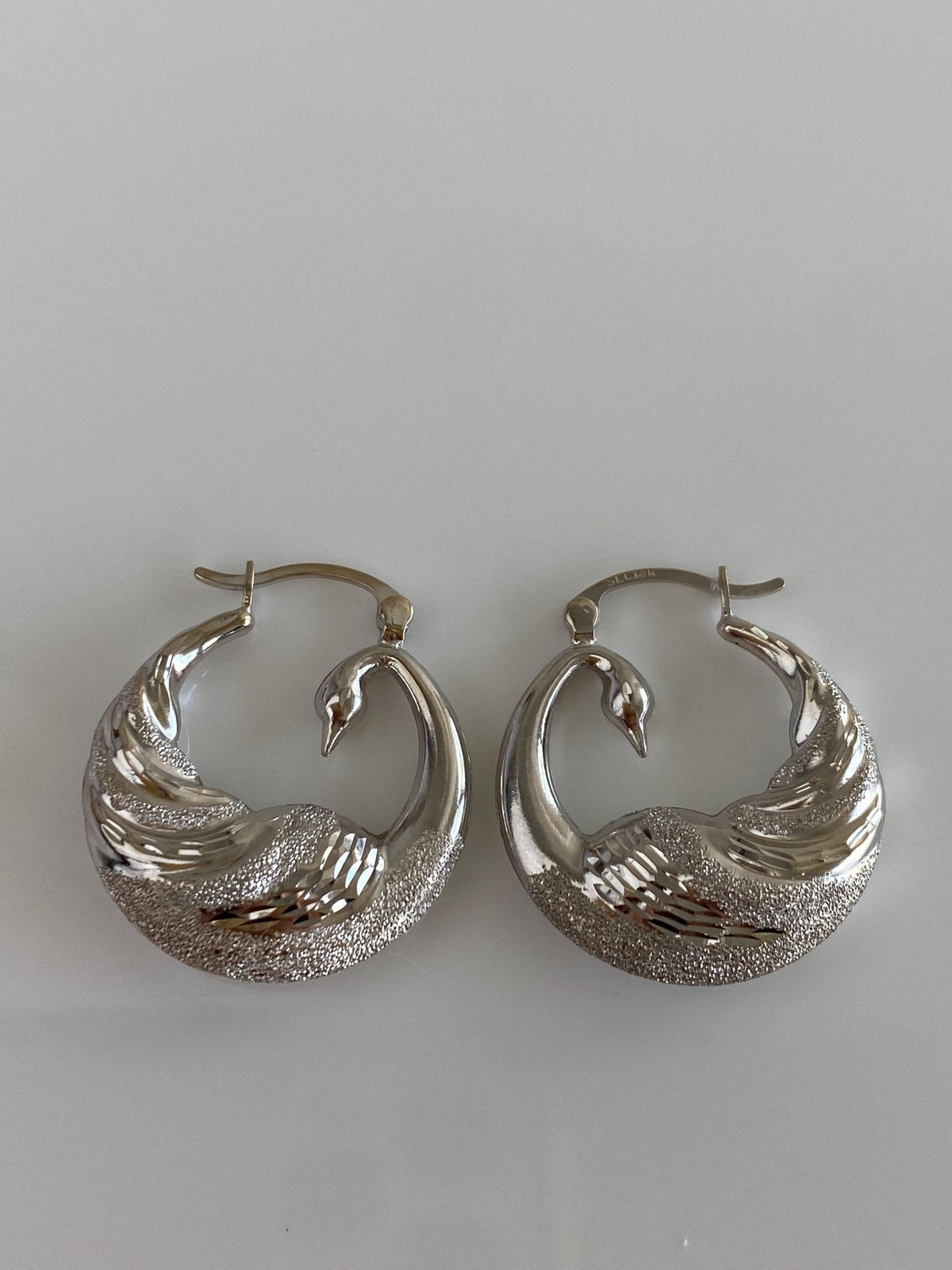 Vintage 14k White Gold Sparkly Swan Hoop Earrings