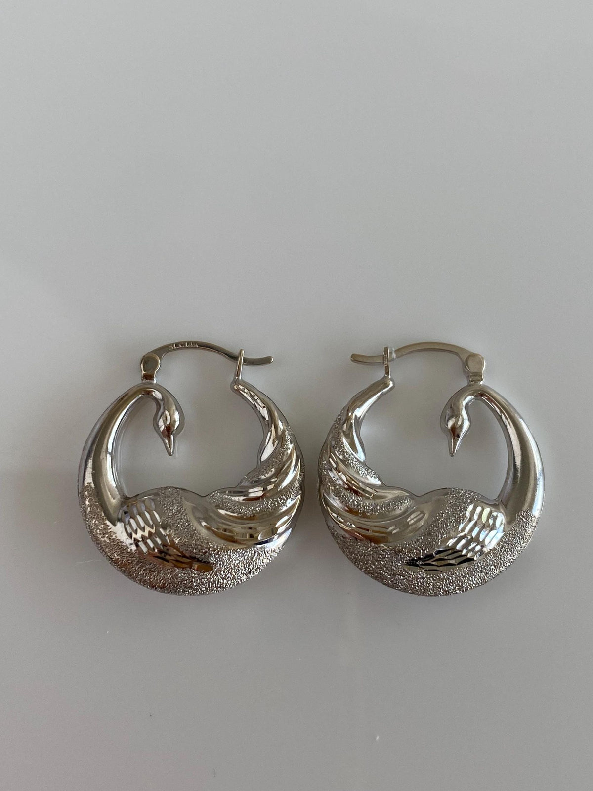 Vintage 14k White Gold Sparkly Swan Hoop Earrings