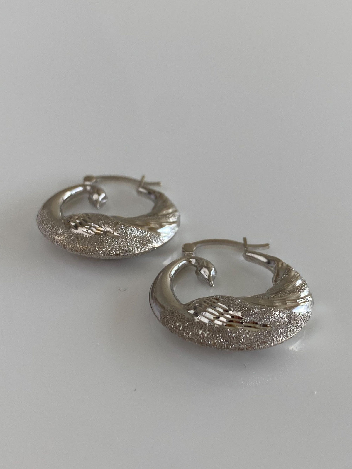 Vintage 14k White Gold Sparkly Swan Hoop Earrings