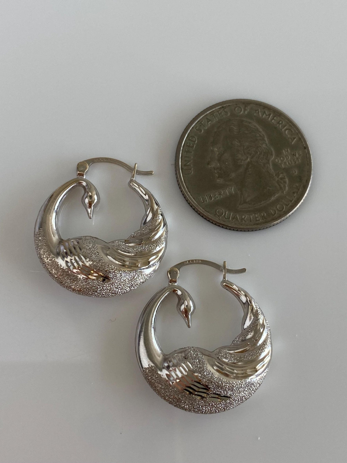 Vintage 14k White Gold Sparkly Swan Hoop Earrings