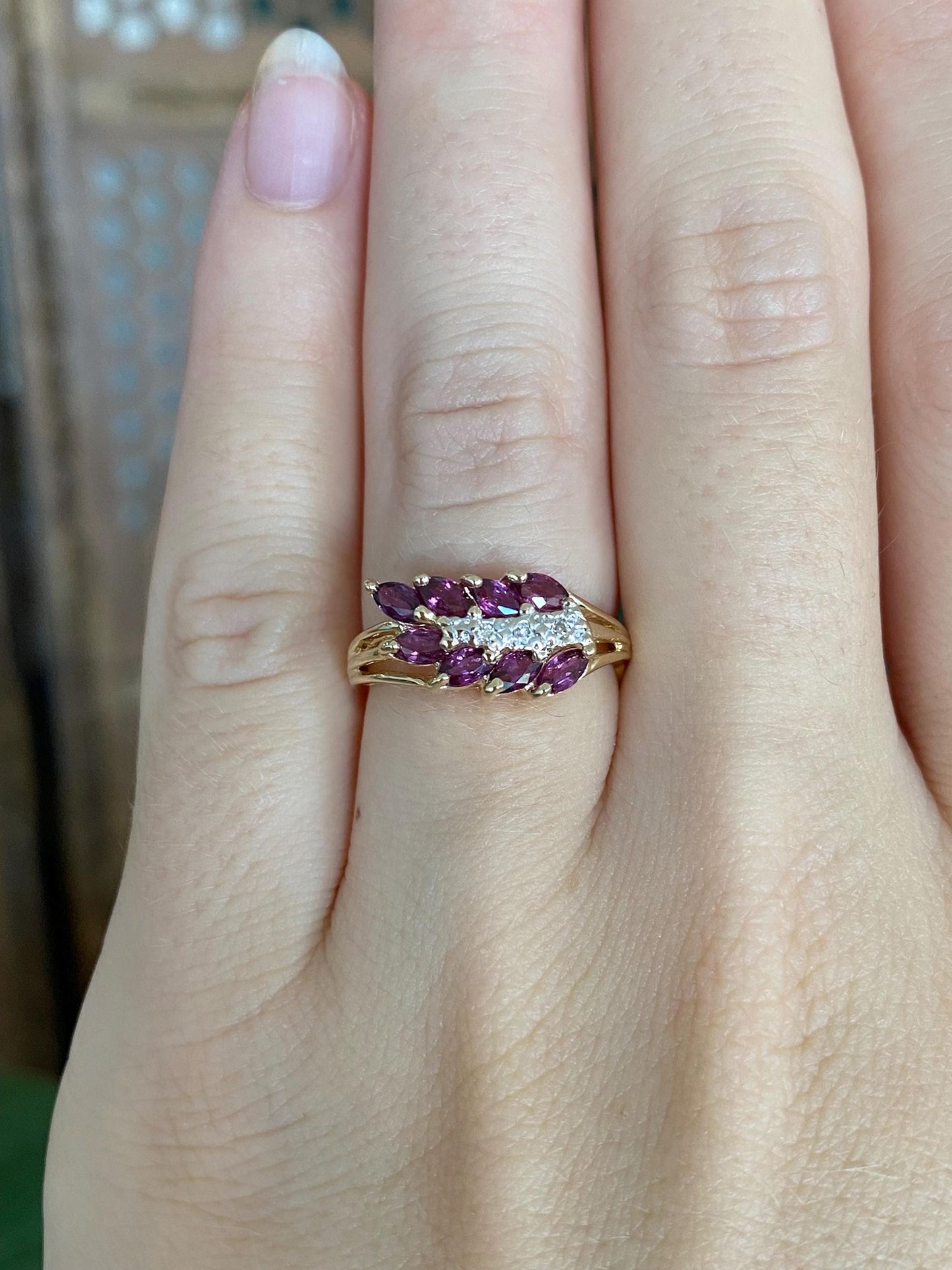 Vintage Solid 14k White & Yellow Gold Ruby Diamonds Ring - Size 5.5