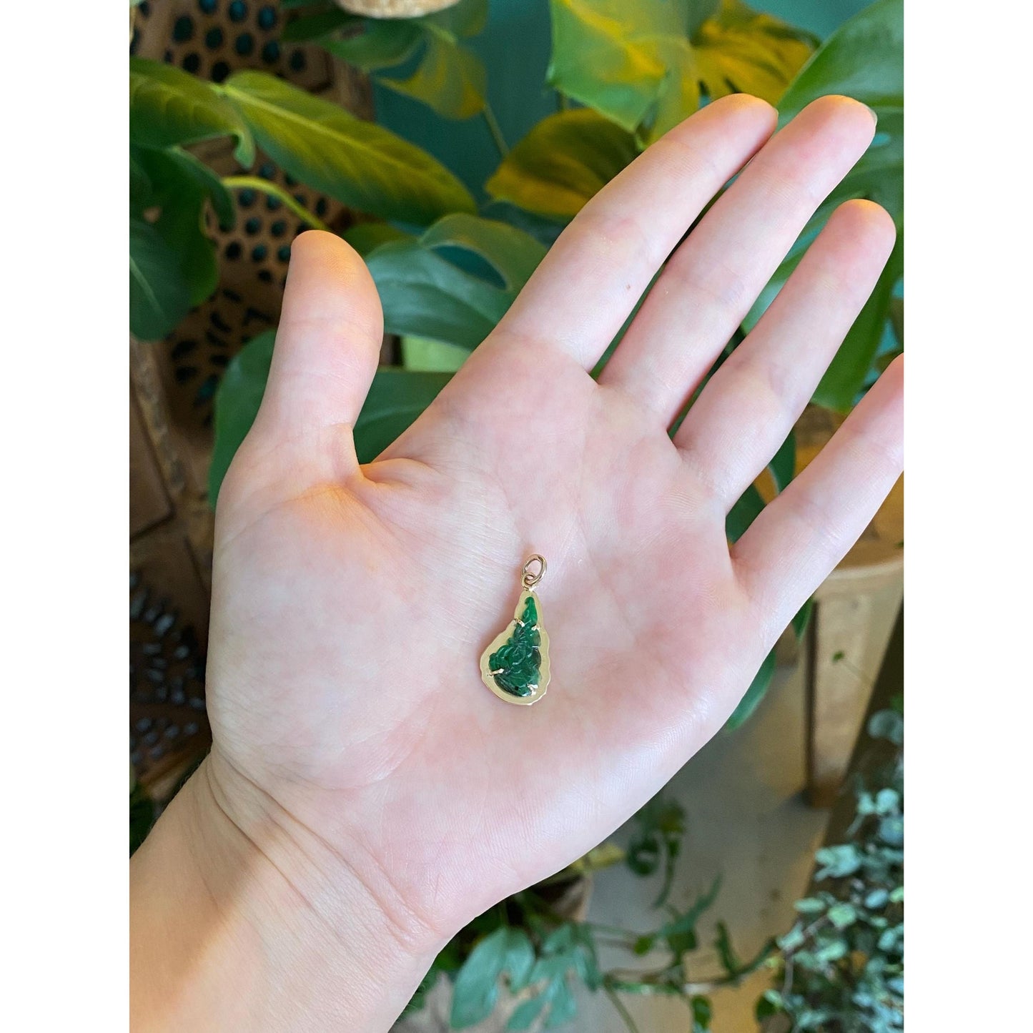 Vintage Solid 14k Yellow Gold Carved Jade Charm