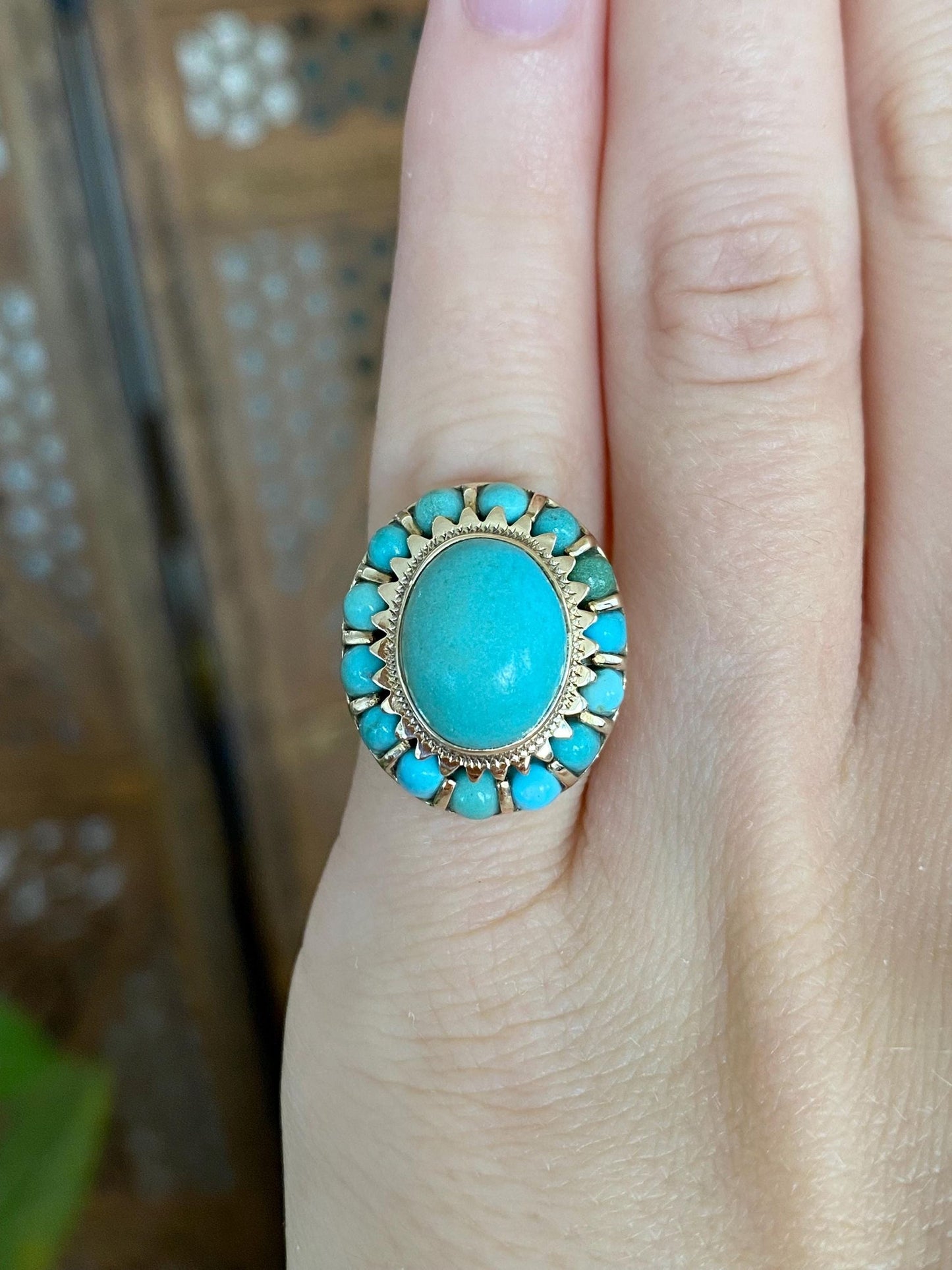 Vintage Solid 10k Yellow Gold Turquoise Halo Cluster Ring - Size 4.25