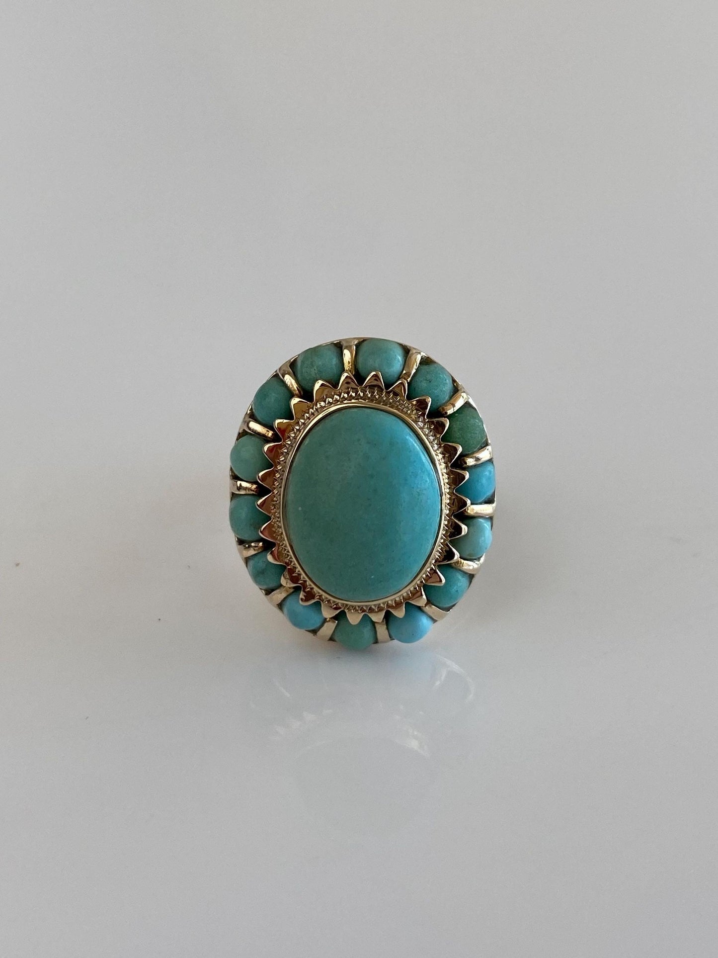 Vintage Solid 10k Yellow Gold Turquoise Halo Cluster Ring - Size 4.25