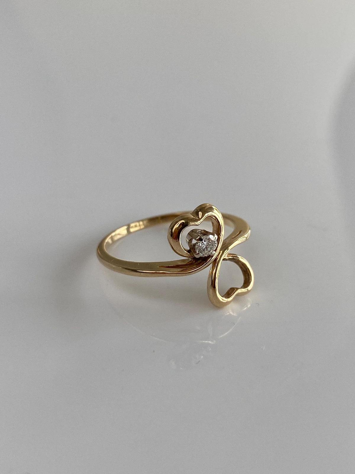 Vintage Solid 14k Yellow Gold Diamond Hearts Ring - Size 7.75