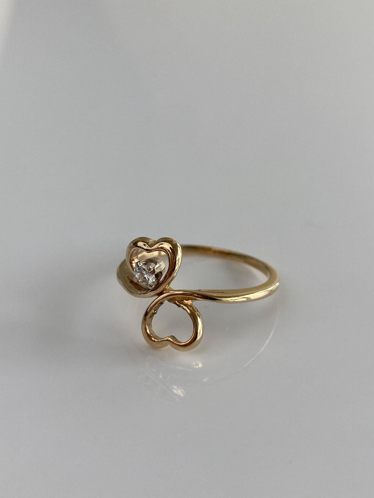 Vintage Solid 14k Yellow Gold Diamond Hearts Ring - Size 7.75