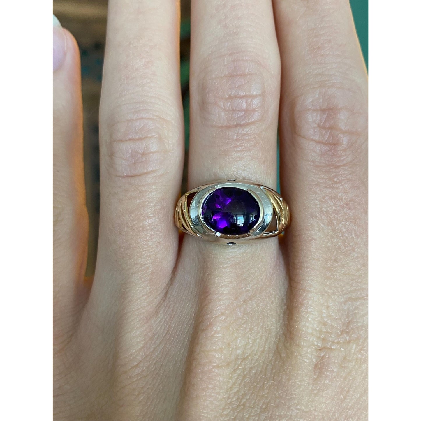 Vintage Solid 14k White & Yellow Gold Amethyst Ring - Size 7