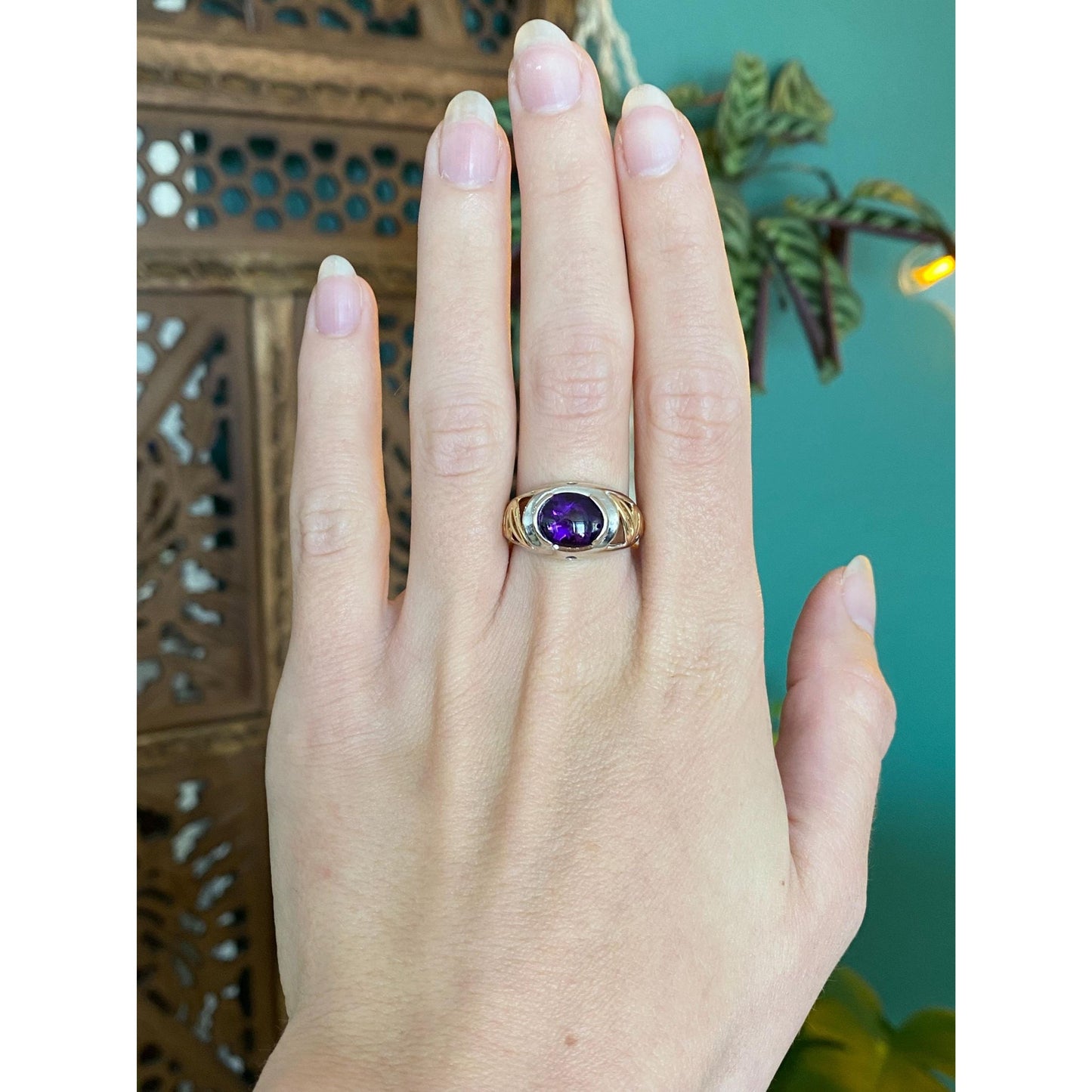 Vintage Solid 14k White & Yellow Gold Amethyst Ring - Size 7