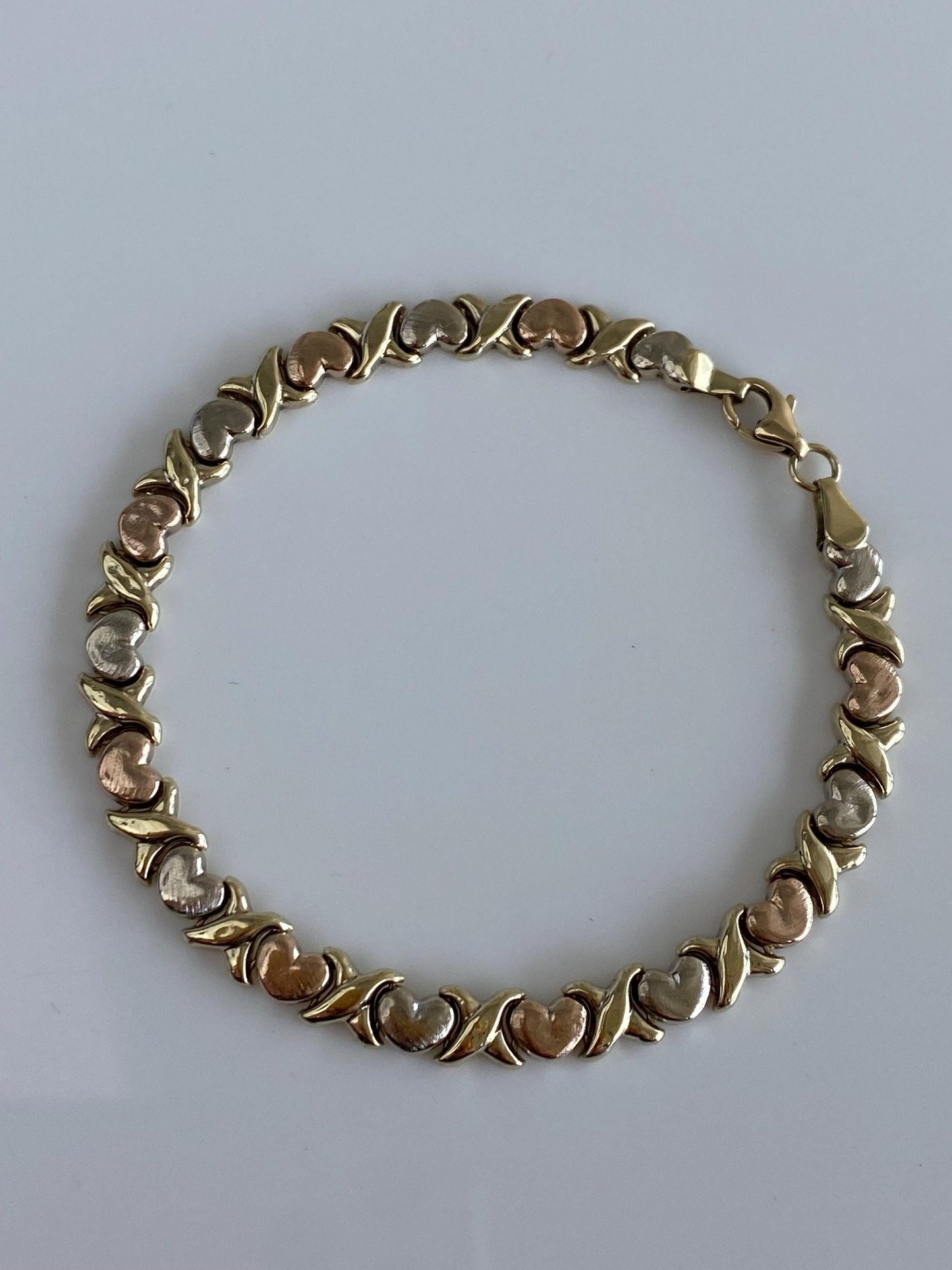 Vintage 14k Tri Tone Gold Hearts X Link Bracelet - 7.25 inches