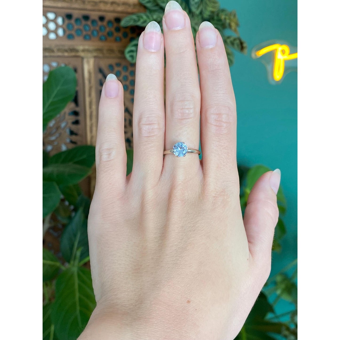 Vintage Solid 10k White Gold Aquamarine Ring - Size 6.75