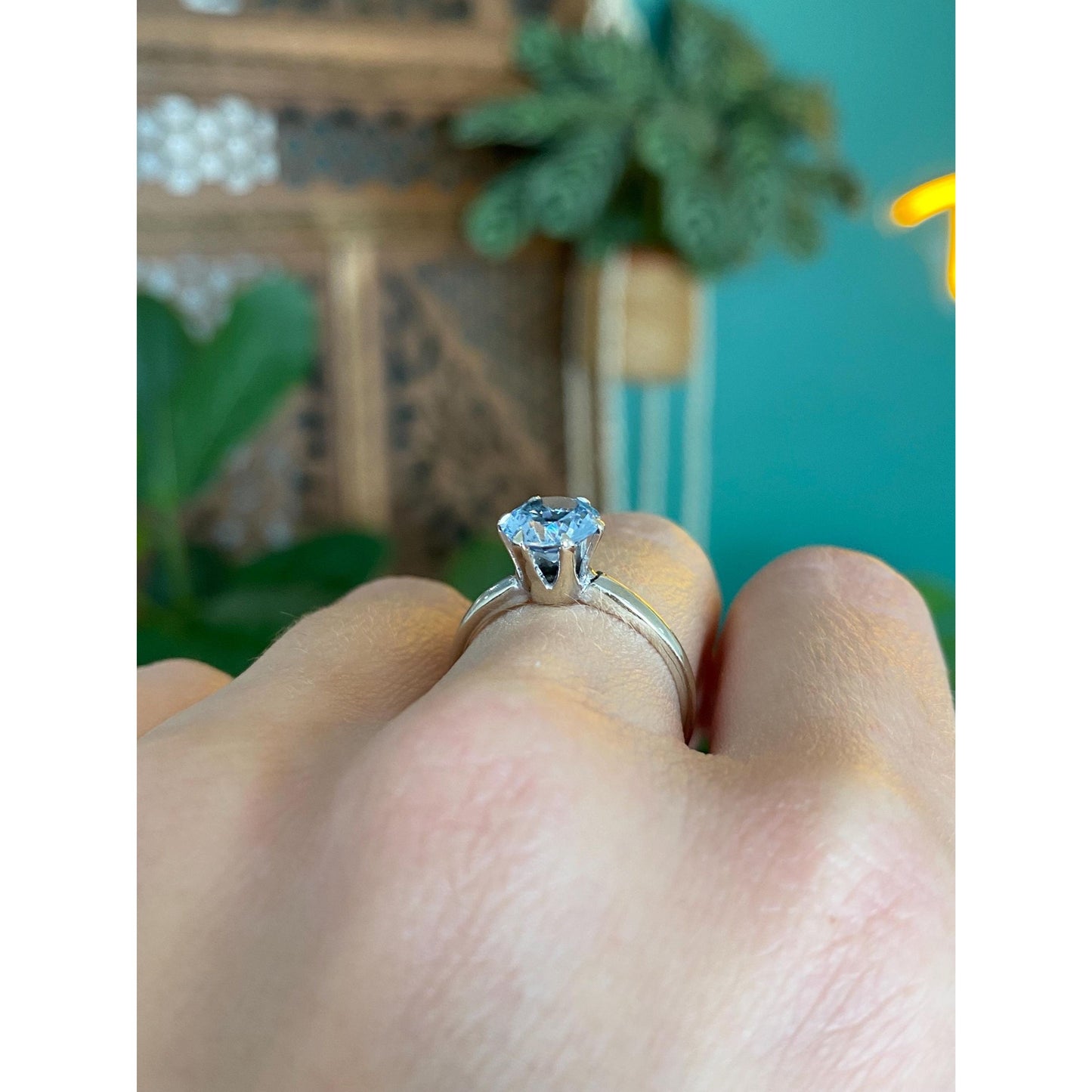 Vintage Solid 10k White Gold Aquamarine Ring - Size 6.75