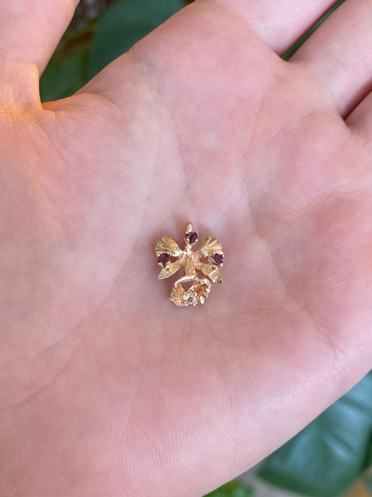 Vintage Solid 14k Rose Gold Clear Quartz Pink Cubic Zirconia Flower Charm