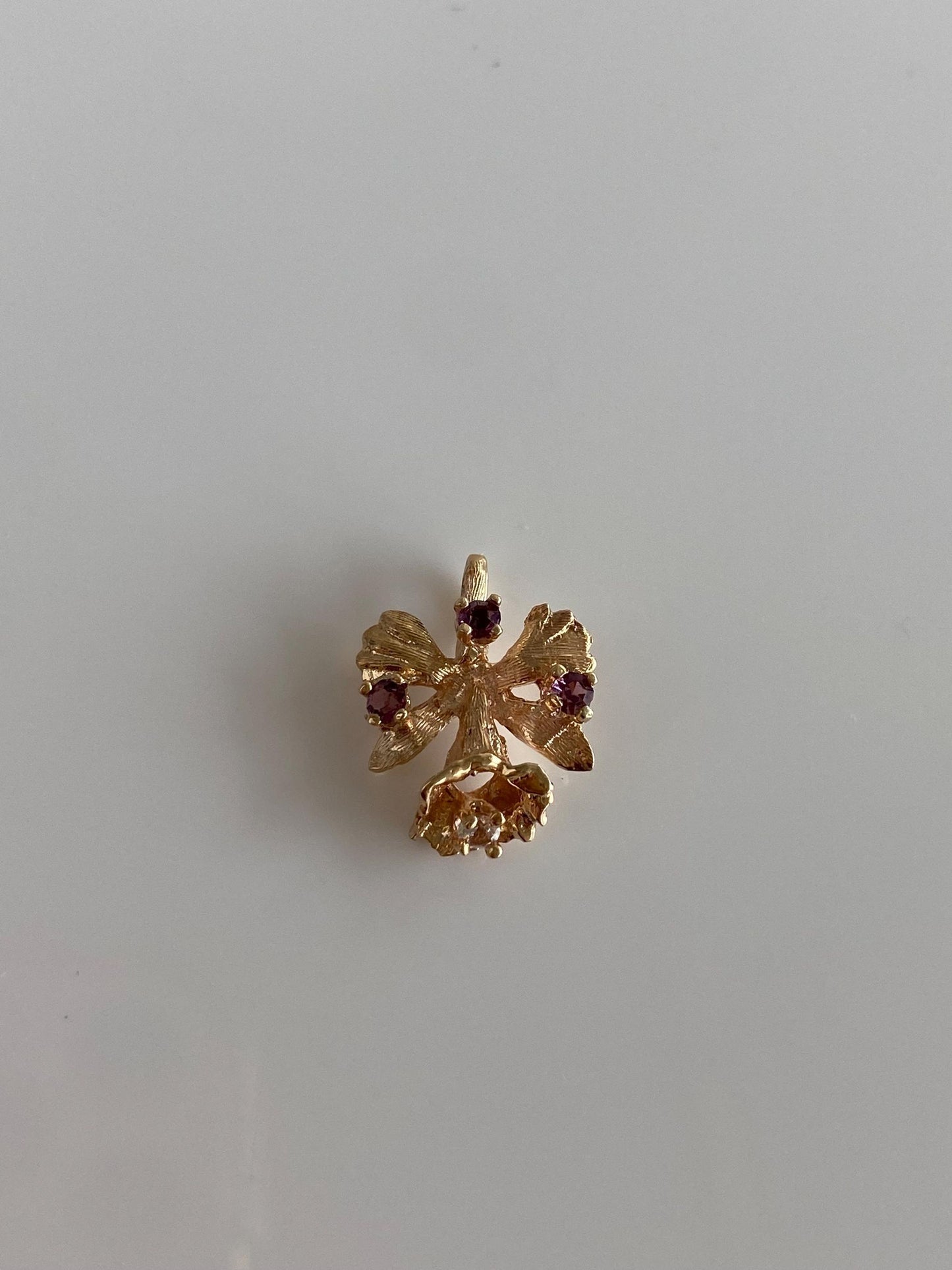 Vintage Solid 14k Rose Gold Clear Quartz Pink Cubic Zirconia Flower Charm