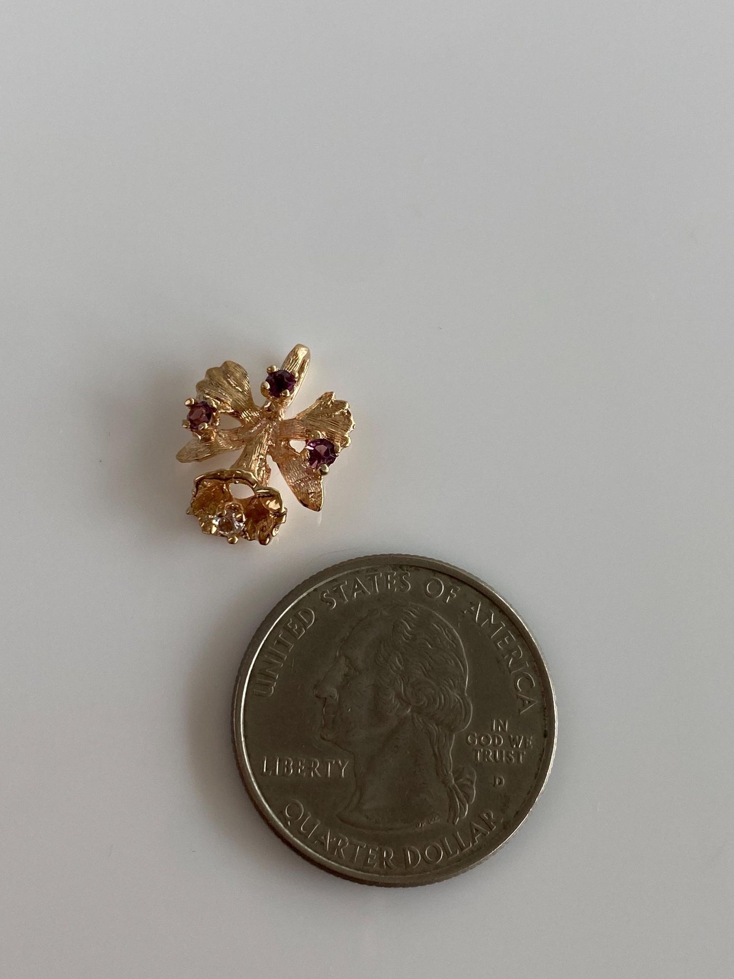 Vintage Solid 14k Rose Gold Clear Quartz Pink Cubic Zirconia Flower Charm