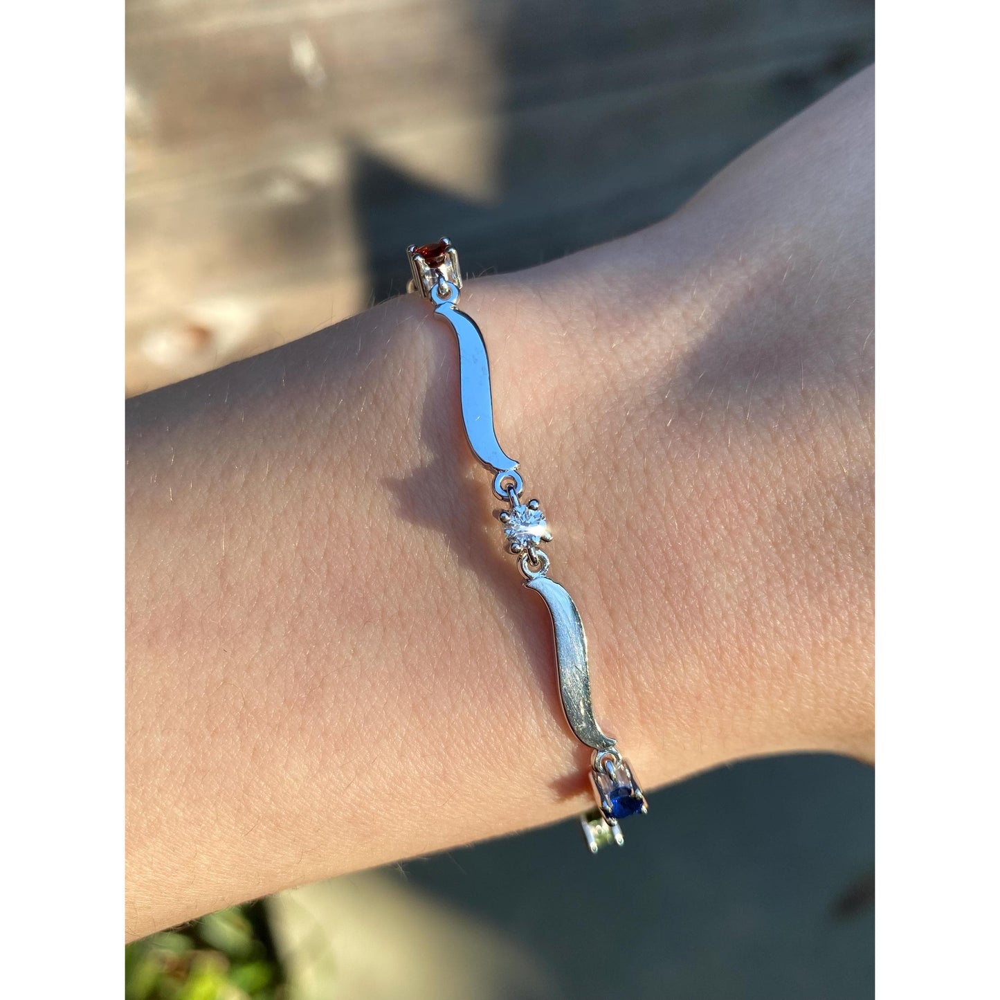 Solid 14k White Gold Diamond Amethyst Topaz Garnet Peridot Blue & Pink Sapphire Link Bracelet - 7.25 inches