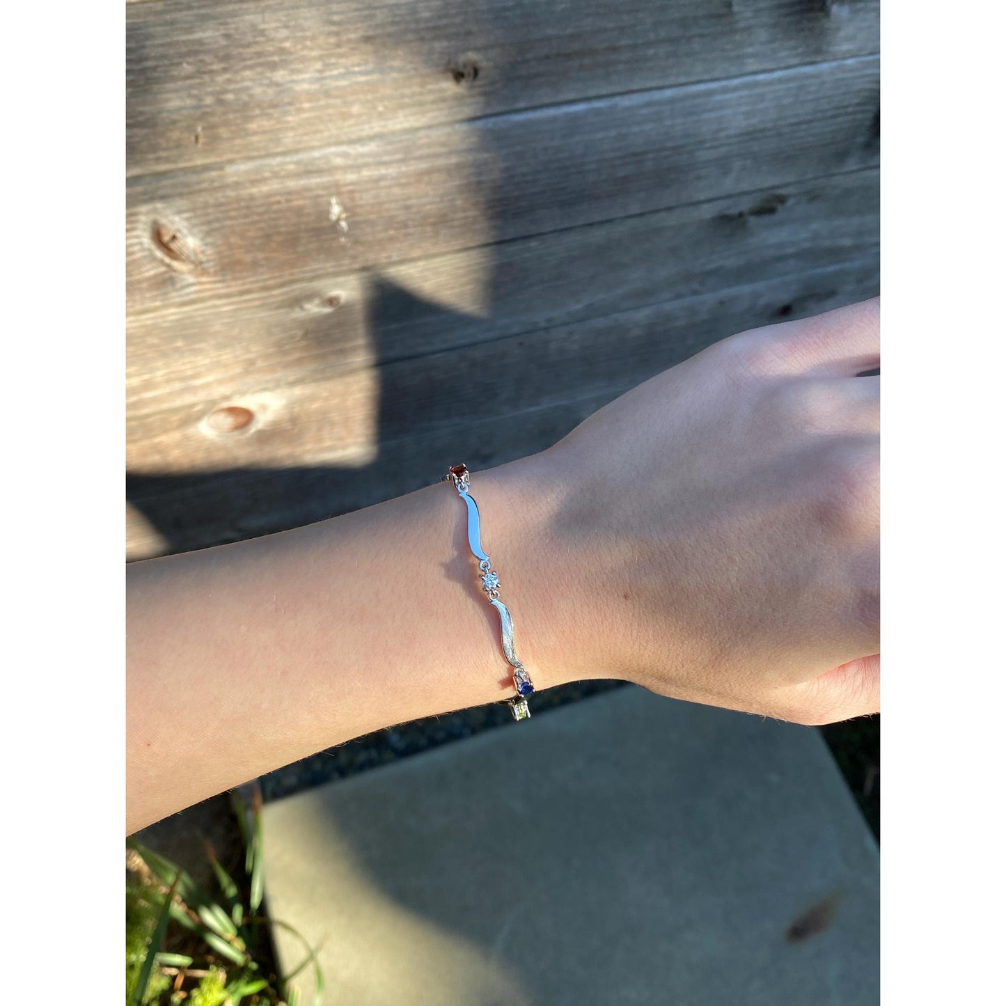 Solid 14k White Gold Diamond Amethyst Topaz Garnet Peridot Blue & Pink Sapphire Link Bracelet - 7.25 inches