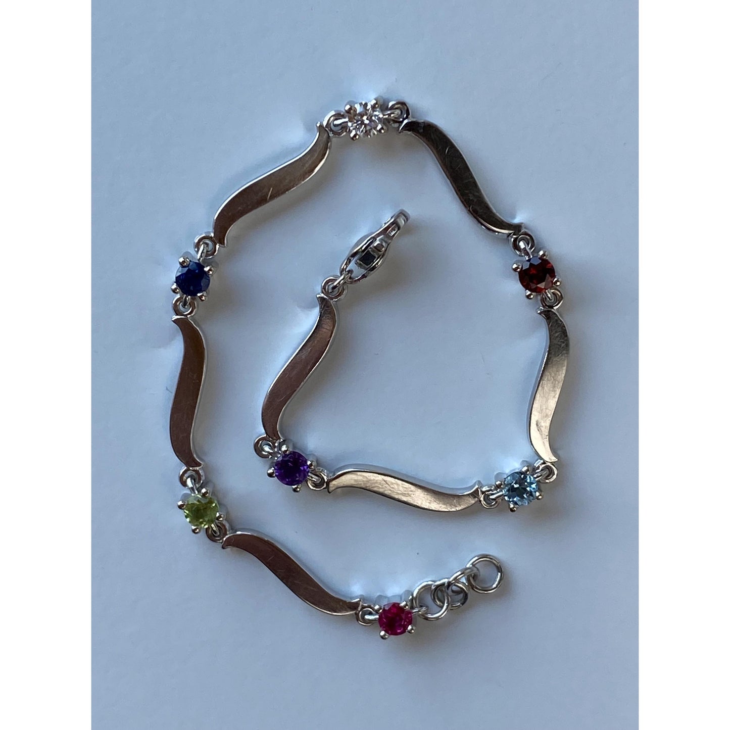 Solid 14k White Gold Diamond Amethyst Topaz Garnet Peridot Blue & Pink Sapphire Link Bracelet - 7.25 inches
