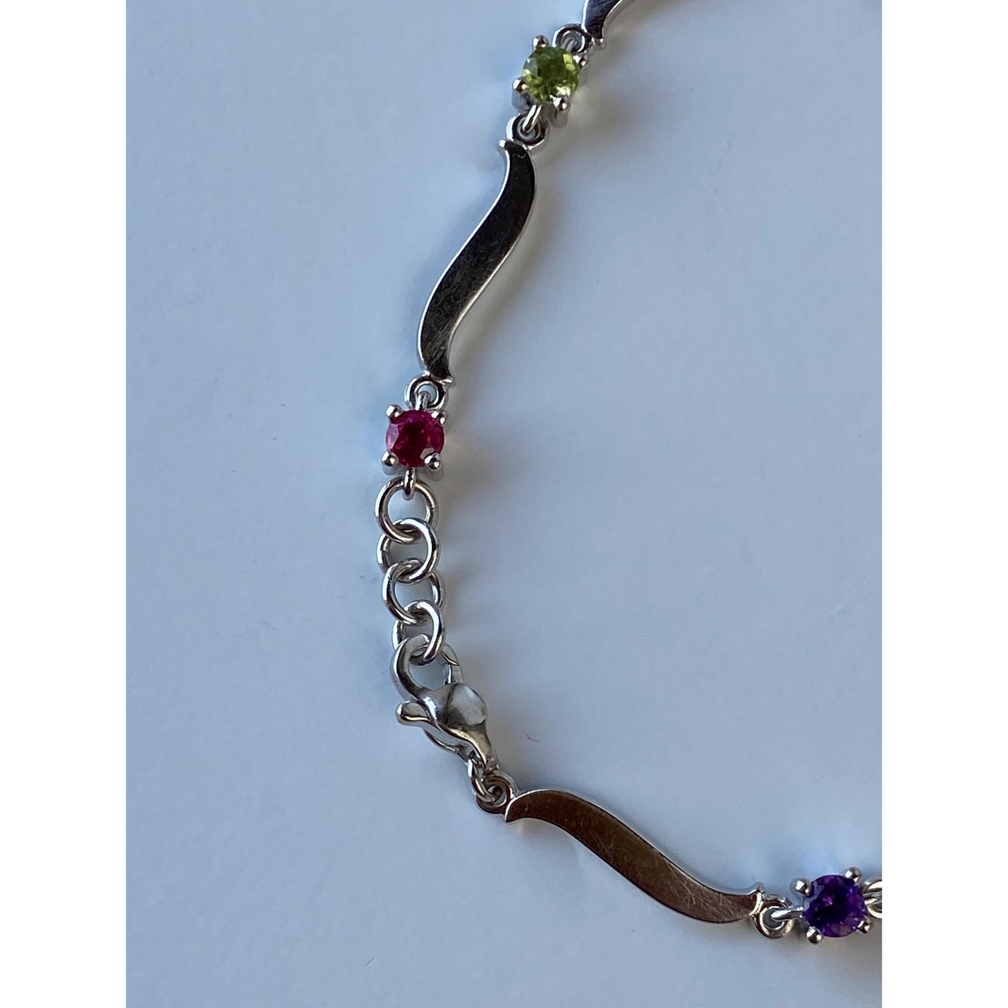 Solid 14k White Gold Diamond Amethyst Topaz Garnet Peridot Blue & Pink Sapphire Link Bracelet - 7.25 inches