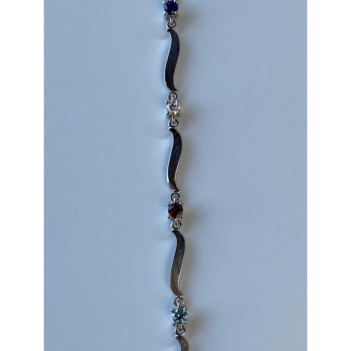 Solid 14k White Gold Diamond Amethyst Topaz Garnet Peridot Blue & Pink Sapphire Link Bracelet - 7.25 inches