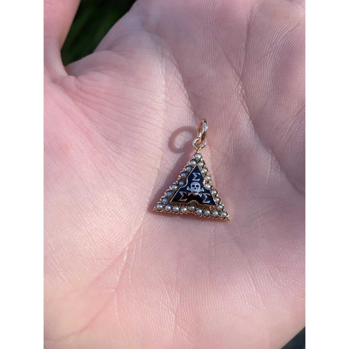 Vintage Solid 10k Yellow Gold Black Enamel Seed Pearl Fraternity Triangle Charm